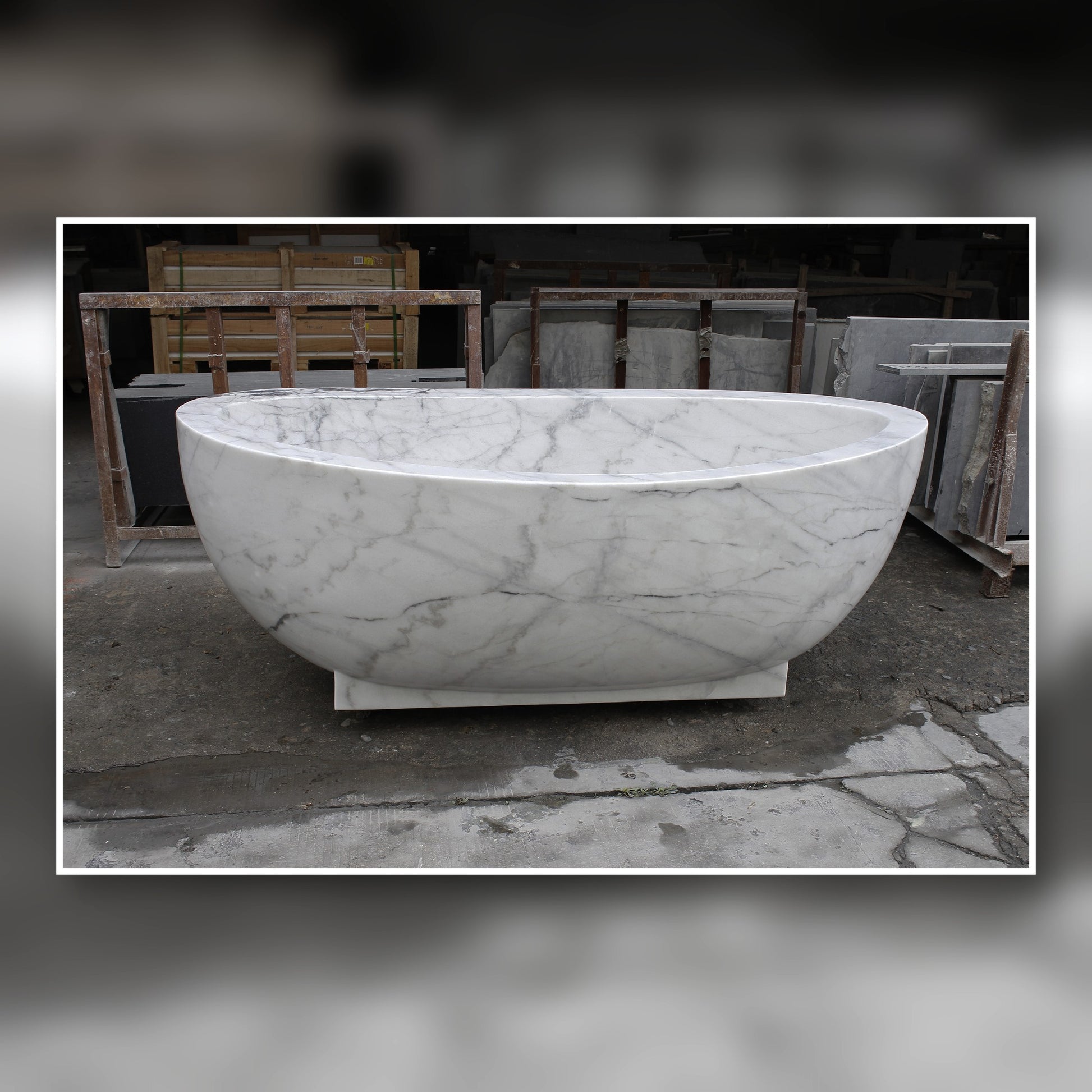Celeste Ivory Cloud Marble freestanding soaking bathtub, real product feature view