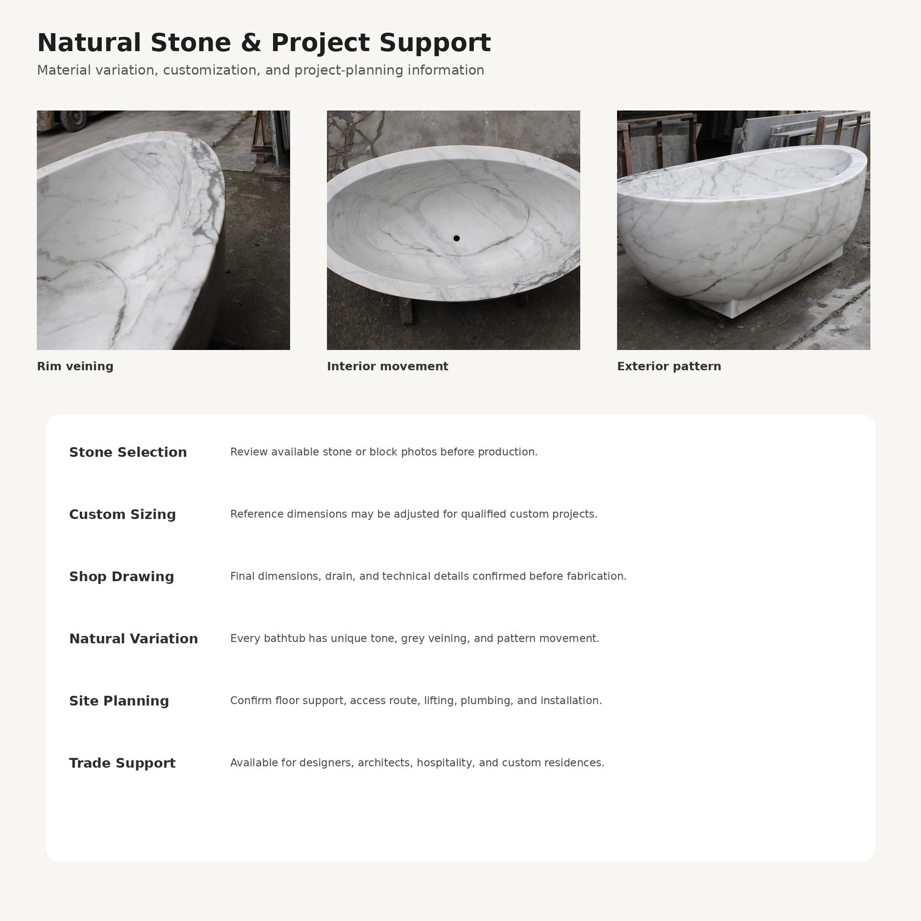 Celeste Ivory Cloud Marble bathtub, stone selection and custom project support