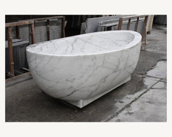 Celeste Ivory Cloud Marble soaking bathtub, real three-quarter workshop view