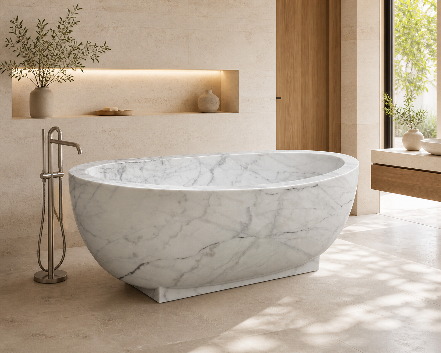 Celeste Ivory Cloud Marble soaking bathtub in a warm limestone spa, styled visualization