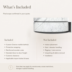 Cirenne Architectural Round Freestanding Soaking Bathtub with Side Ledge – Carrara White Marble — What’s Included in the Reference Price.