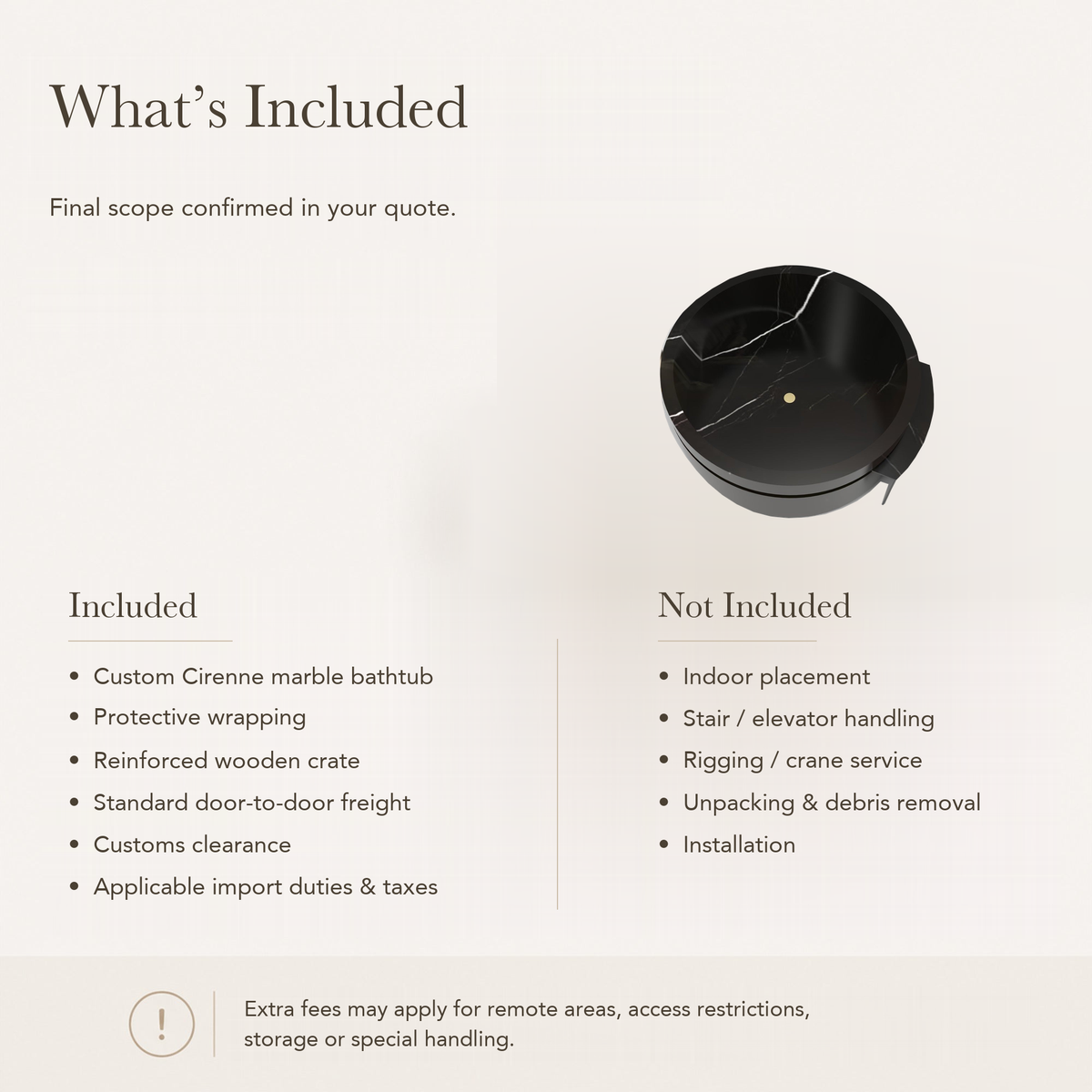 Cirenne Architectural Round Freestanding Soaking Bathtub with Side Ledge – Portoro Black Marble — What’s Included in the Reference Price.