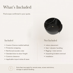 Cirenne Architectural Round Freestanding Soaking Bathtub with Side Ledge – Portoro Black Marble — What’s Included in the Reference Price.