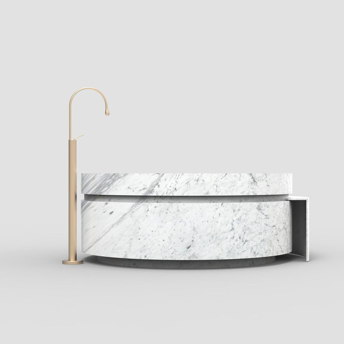 Cirenne BT-139A Carrara White Marble architectural round bathtub with side ledge, full-frame second design rendering
