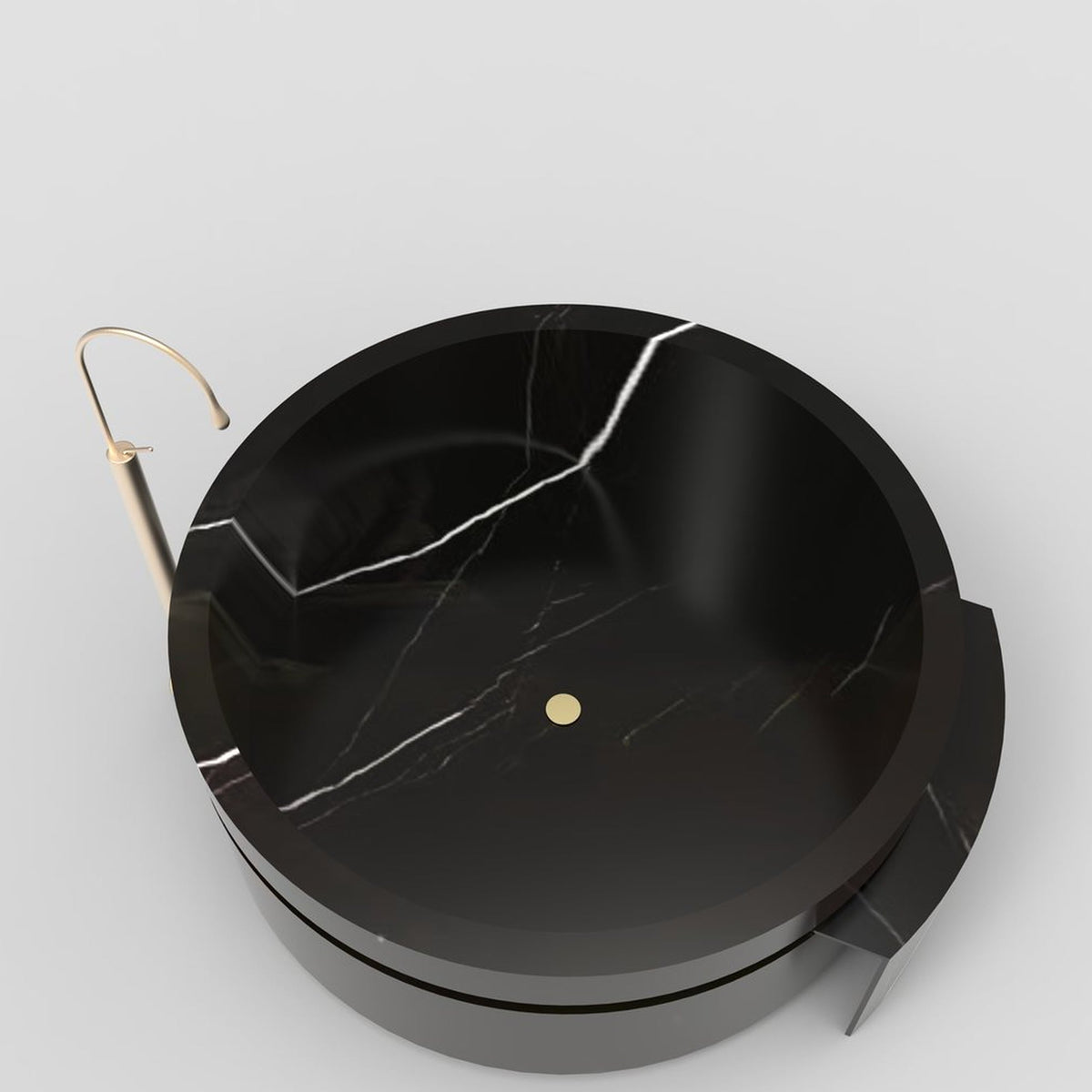 Cirenne BT-139A Portoro Black Marble architectural round bathtub with side ledge, full-frame hero design rendering