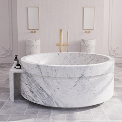 Cirenne Carrara White Marble round soaking bathtub with an integral stone side ledge and slab support in a refined classical bathroom, styled visualization.