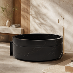 Cirenne Architectural Round Freestanding Soaking Bathtub with Side Ledge – Portoro Black Marble in a warm ivory-limestone luxury bathroom; exact product geometry and material preserved