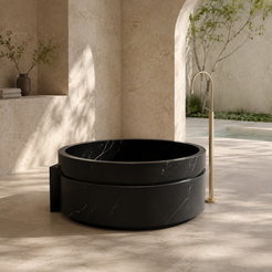 Cirenne Architectural Round Freestanding Soaking Bathtub with Side Ledge – Portoro Black Marble in a bright serene courtyard spa bathroom; exact product geometry and material preserved