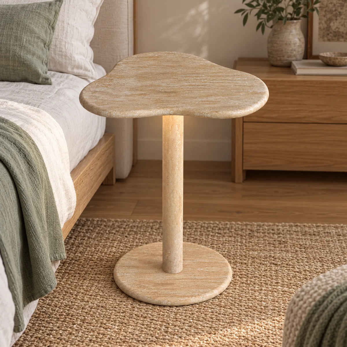 CloudDream Italian Classico travertine smart-edition side table beside an oak bed, shown from a mid-height front view