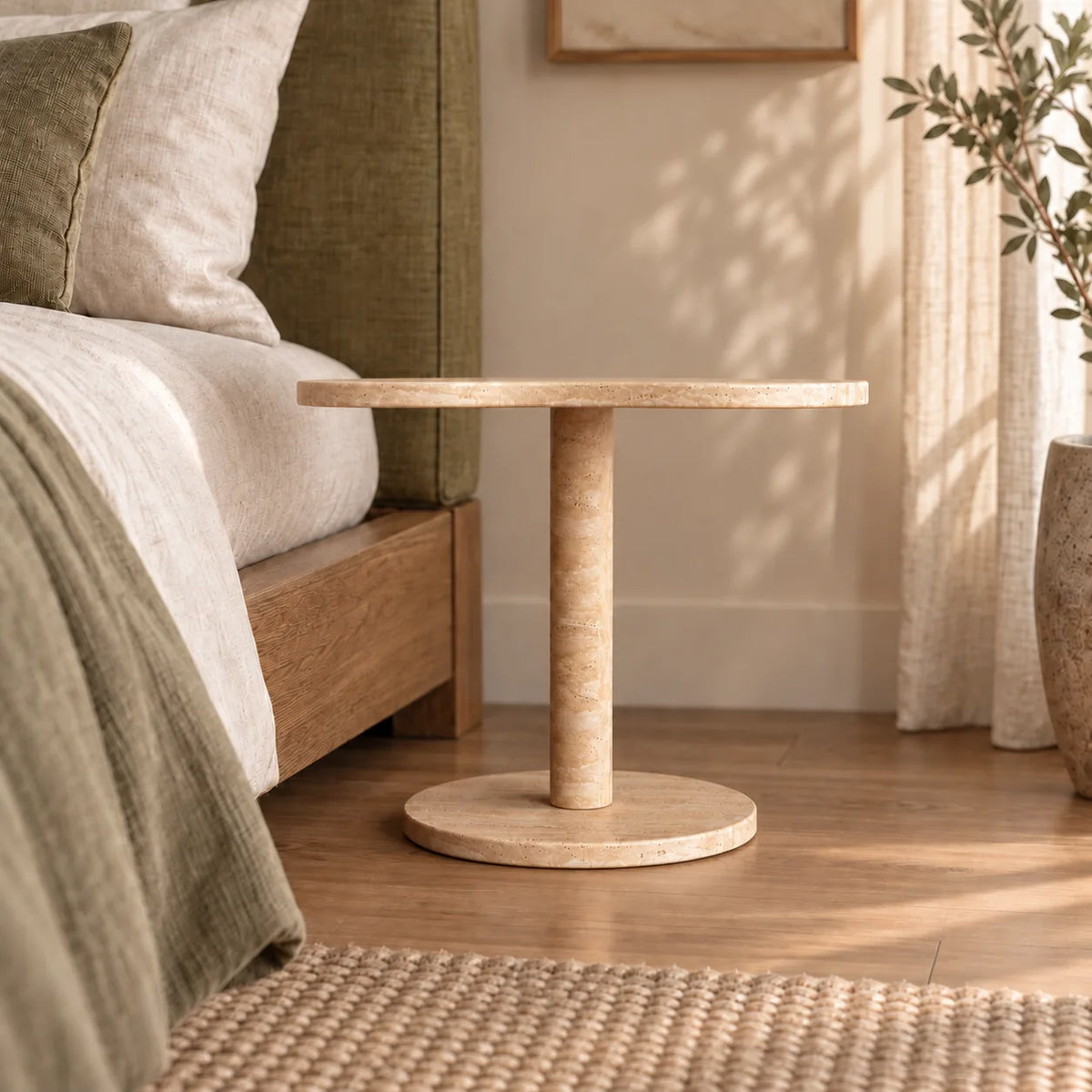 Low frontal view of the CloudDream travertine side table beside a linen bed.