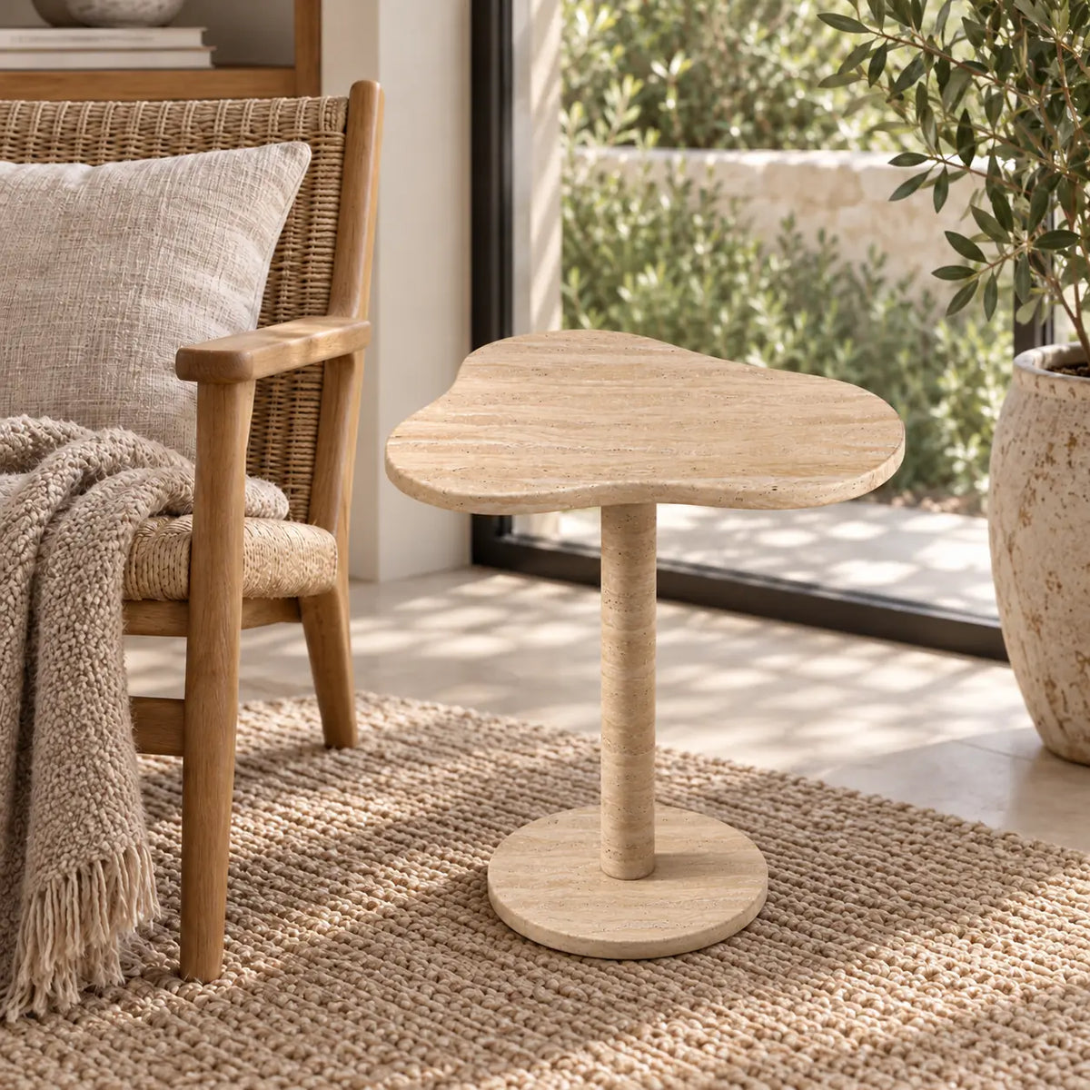 Elevated view of the CloudDream travertine side table in a garden-facing reading corner.