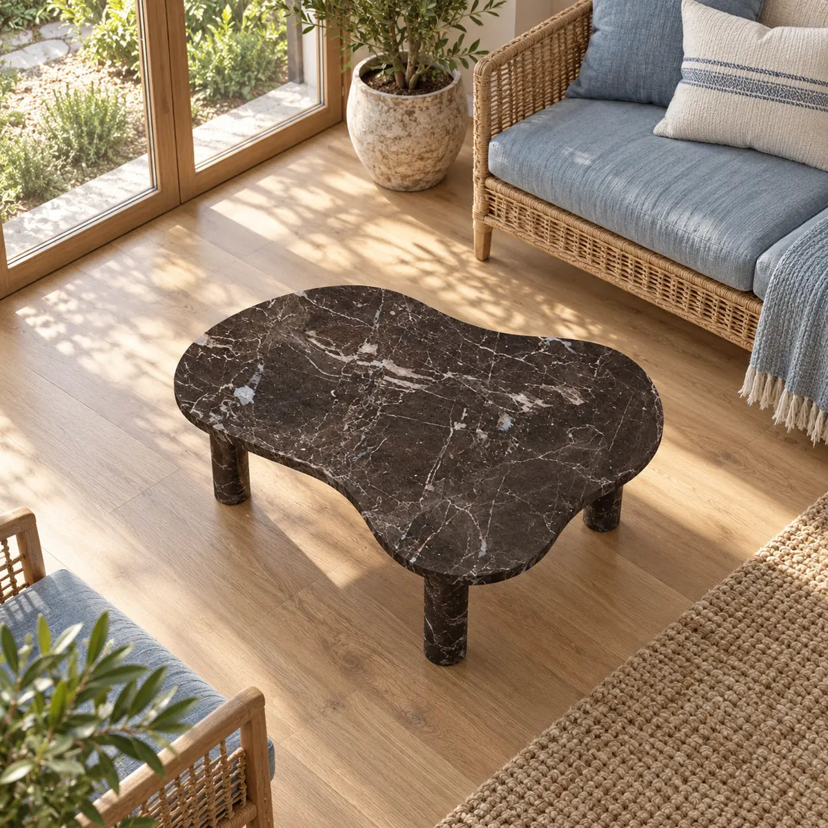 Elevated view of a single CloudDream Dark Emperador marble coffee table in a garden-facing sunroom, showing its cloud-shaped top and three cylindrical supports.