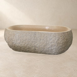 Dorienne BT-201A Golden Beige Marble bathtub, wide side-profile product photograph IMG_8663 with a replaced warm stone showroom background; original marble veining, rim and irregular natural rough-pick exterior retained.