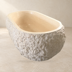 Dorienne BT-201A Golden Beige Marble bathtub, original three-quarter product view IMG_8664 with a replaced warm stone showroom background; natural rough-pick exterior and smooth interior retained.