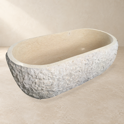 Dorienne BT-201A Golden Beige Marble bathtub, full oval basin and opposite side product photograph IMG_8666 with a replaced warm stone showroom background; original rim, veining and natural rough-pick texture retained.