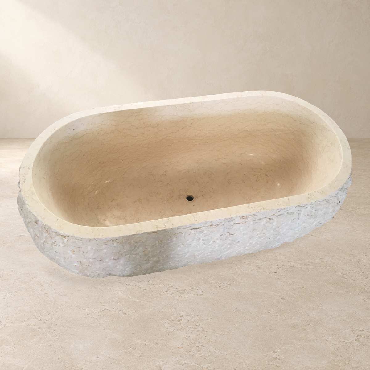 Dorienne BT-201A Golden Beige Marble bathtub, high-angle basin and circular drain product photograph IMG_8667 with a replaced warm stone showroom background; original interior, rim and natural rough-pick exterior retained.
