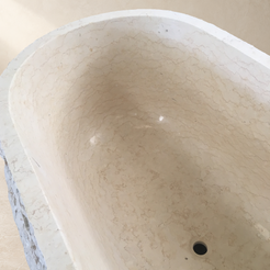 Dorienne BT-201A Golden Beige Marble bathtub, close smooth interior, rim and circular drain detail from product photograph IMG_8669 with a replaced neutral background; original veining and visible stone surfaces retained.