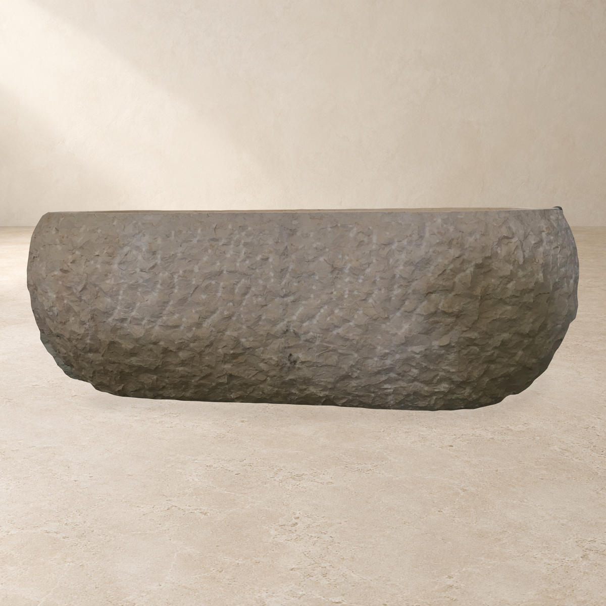 Dorienne BT-201A Golden Beige Marble bathtub, low side exterior product photograph IMG_8671 with a replaced warm stone showroom background; original irregular natural rough-pick surface and stone coloration retained.