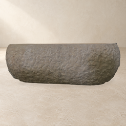 Dorienne BT-201A Golden Beige Marble bathtub, low side exterior product photograph IMG_8671 with a replaced warm stone showroom background; original irregular natural rough-pick surface and stone coloration retained.
