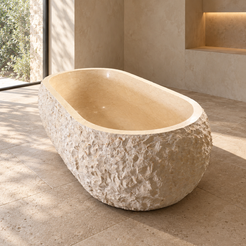 Dorienne BT-201A Golden Beige Marble oval curved bathtub with natural rough-pick exterior — styled lifestyle visualization in a warm luxury bathroom