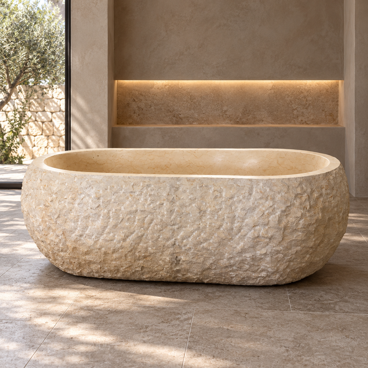 Dorienne BT-201A Golden Beige Marble oval curved bathtub — styled spa visualization showing the low oval side profile and natural rough-pick exterior