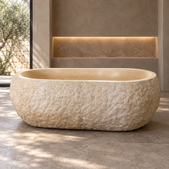 Dorienne BT-201A Golden Beige Marble oval curved bathtub — styled spa visualization showing the low oval side profile and natural rough-pick exterior