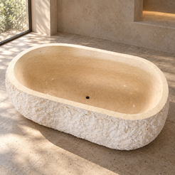 Dorienne BT-201A Golden Beige Marble oval curved bathtub — styled architectural bathroom visualization showing the smooth interior, continuous rim and single circular drain