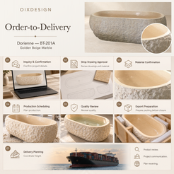 Dorienne BT-201A Golden Beige Marble bathtub — order-to-delivery workflow with generated project-confirmation, drawing, production, water-holding quality-check and export-crating scenes, background-replaced product photographs and representative freight imagery; not a documentary record of a specific order.