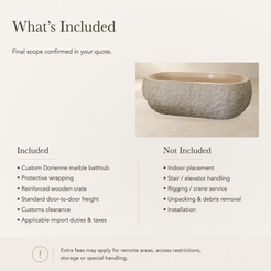 Dorienne BT-201A Golden Beige Marble bathtub — approved reference-price scope, included items, exclusions and additional-access fees; product photograph shown with a replaced background.
