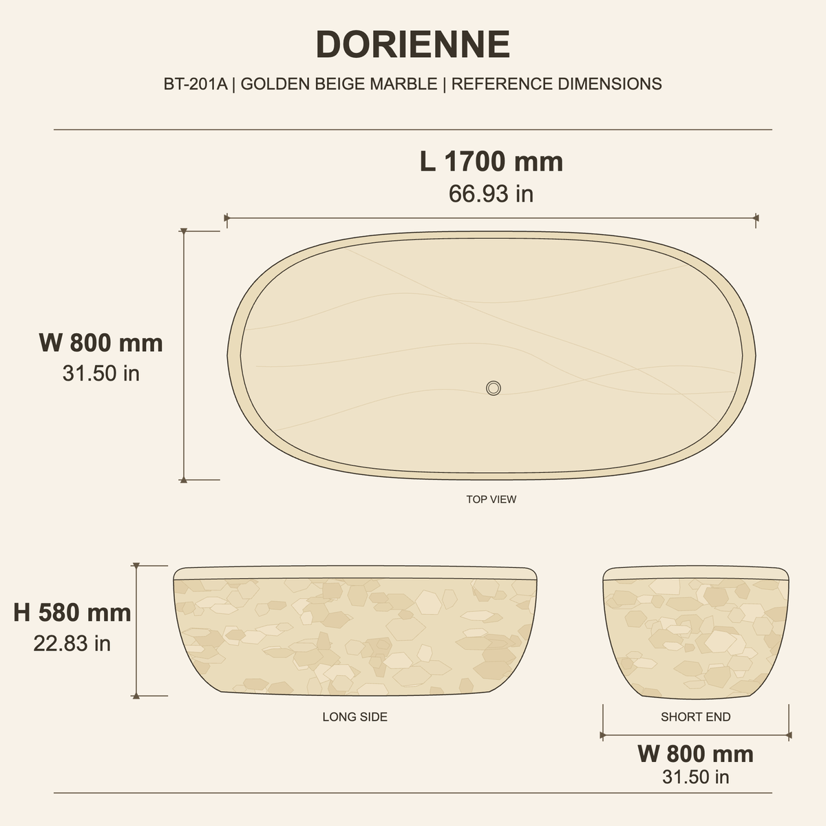Dorienne BT-201A Golden Beige Marble bathtub — reference overall dimensions 1700 x 800 x 580 mm (66.93 x 31.50 x 22.83 in), top, long-side and short-end views; estimated reference specifications, final dimensions subject to the approved project shop drawing.