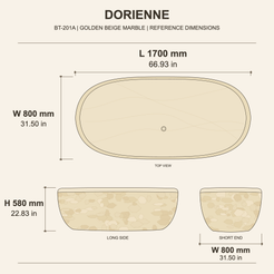 Dorienne BT-201A Golden Beige Marble bathtub — reference overall dimensions 1700 x 800 x 580 mm (66.93 x 31.50 x 22.83 in), top, long-side and short-end views; estimated reference specifications, final dimensions subject to the approved project shop drawing.