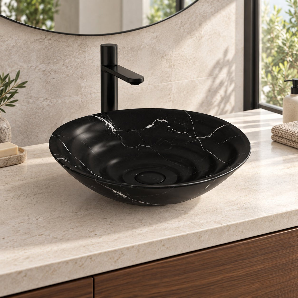 Illustrative low-angle bathroom vanity setting of the Eboni Portoro marble vessel sink