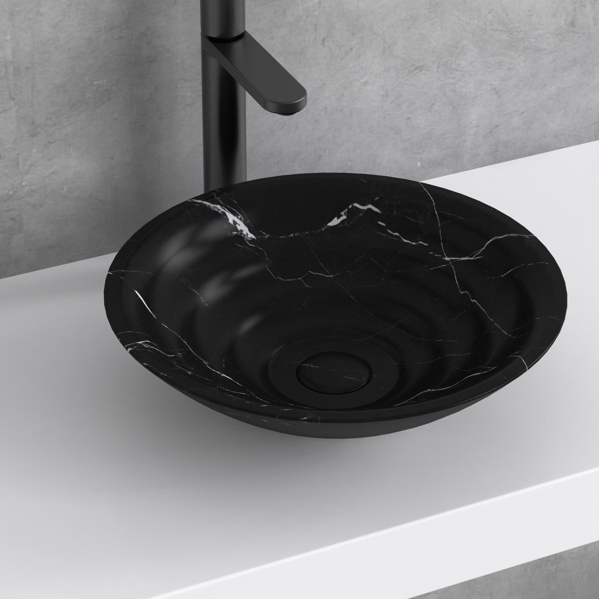 Eboni Portoro marble vessel sink on a white vanity with its flowing rim and pale veining