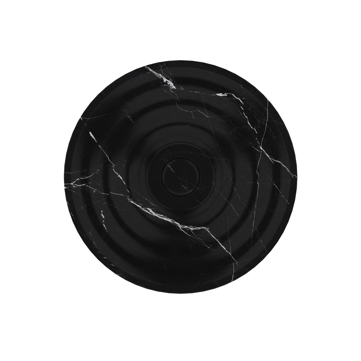 Top view of Eboni showing curved interior contours, pale natural veining and the round drain cover