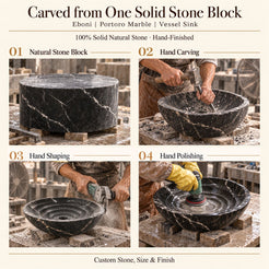 Eboni Portoro Marble Vessel Sink carved from one solid stone block, showing manual hammer-and-chisel carving, hand shaping and hand polishing; custom stone, size and finish.