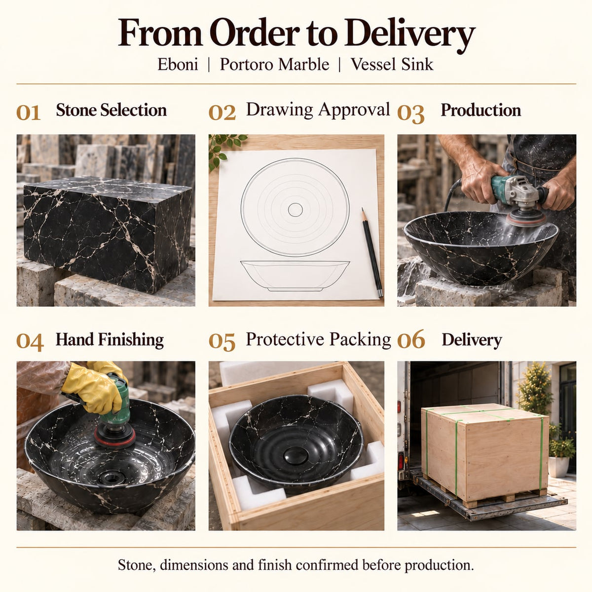 Eboni Portoro Marble Vessel Sink from order to delivery: stone selection, drawing approval, production, hand finishing, foam protective packing in a plywood crate and delivery; stone, dimensions and finish confirmed before production.