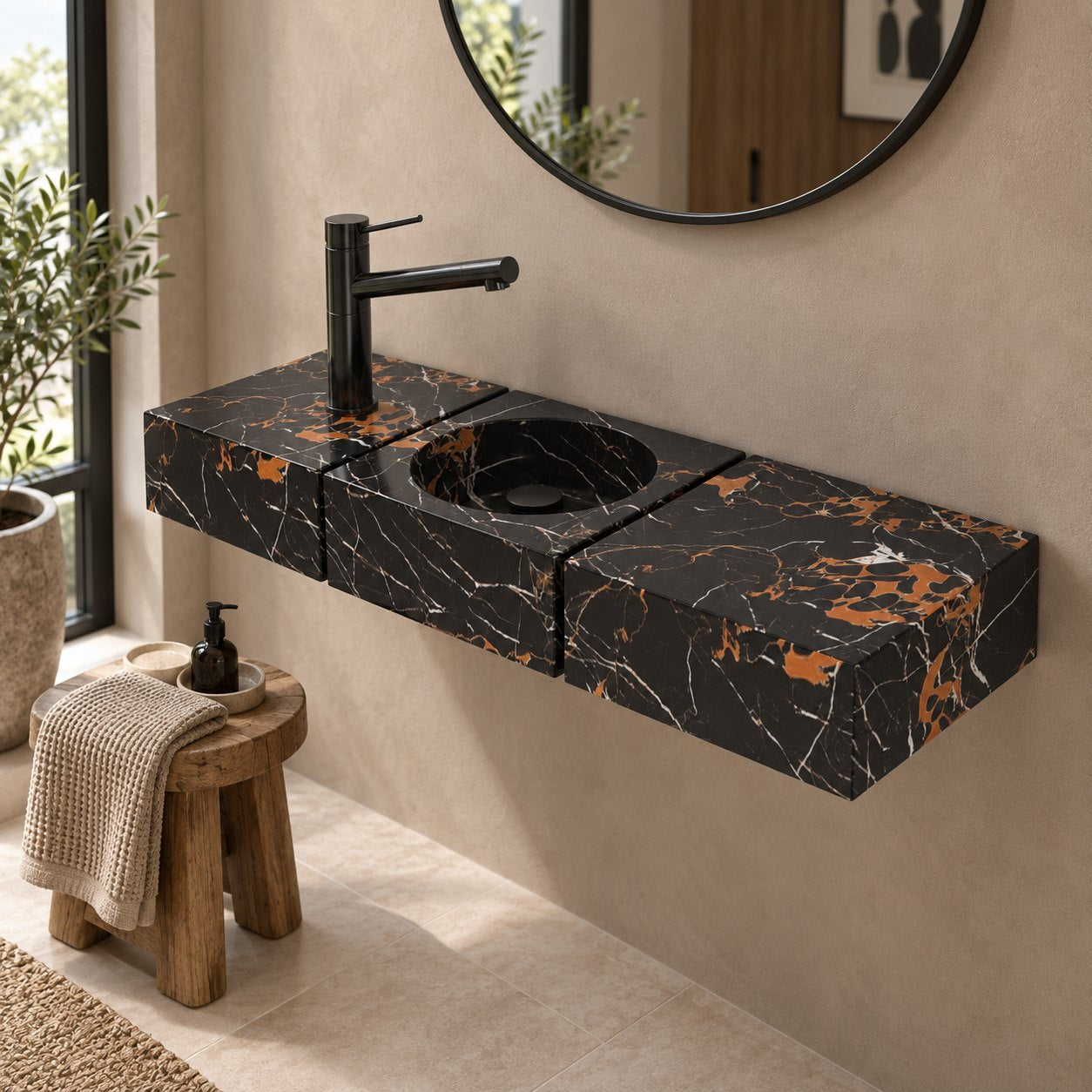 Eira Rectangular Wall-Mounted Galaxy Marble Sink — complete oblique bathroom lifestyle