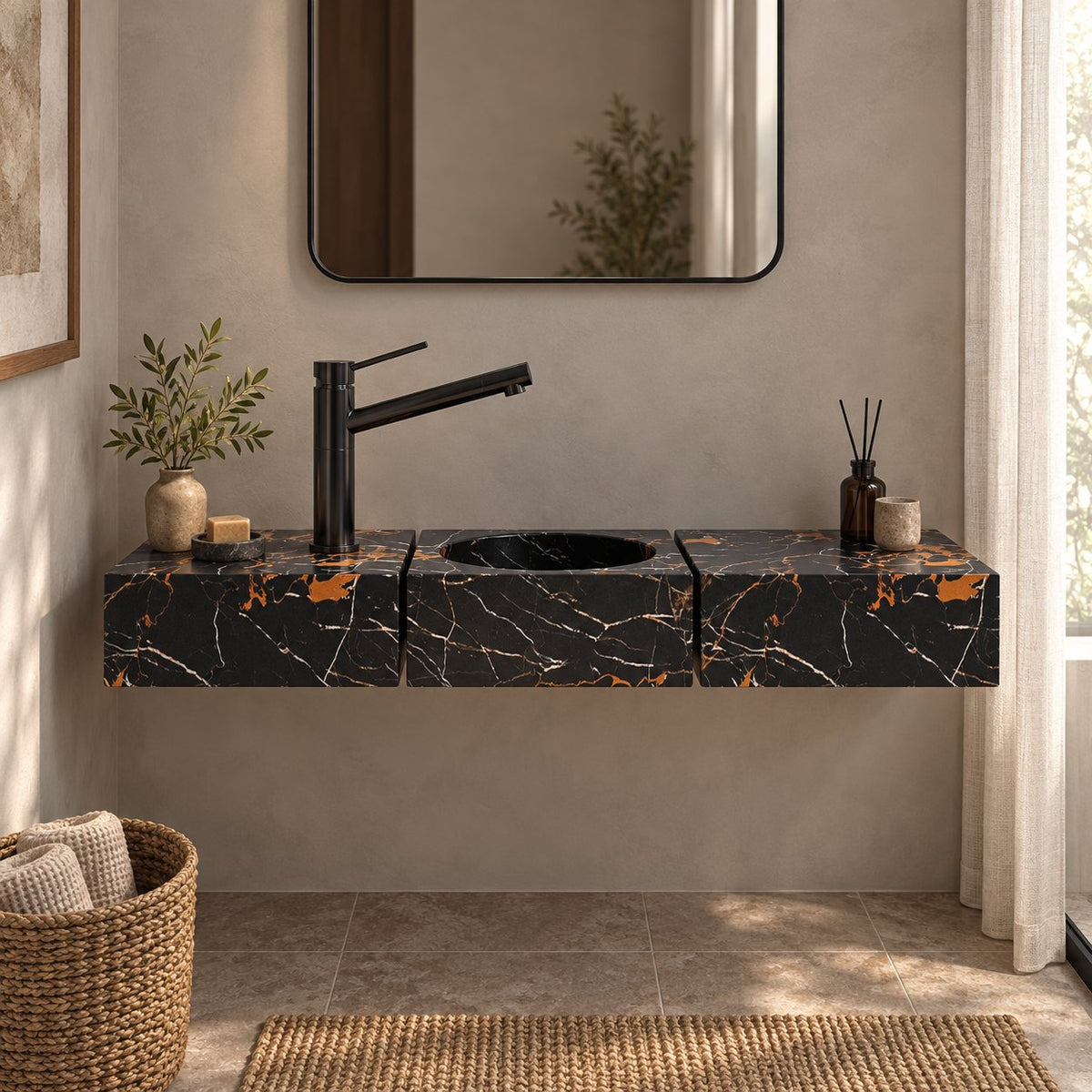 Eira Rectangular Wall-Mounted Galaxy Marble Sink — complete low frontal bathroom lifestyle