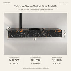 Eira Rectangular Wall-Mounted Galaxy Marble Sink reference overall dimensions in millimeters and inches
