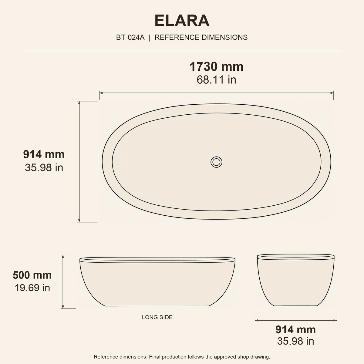 Elara Oval Freestanding Soaking Bathtub – White Limestone reference dimension drawing with top, long-side and short-end views, measurements in millimetres and inches.