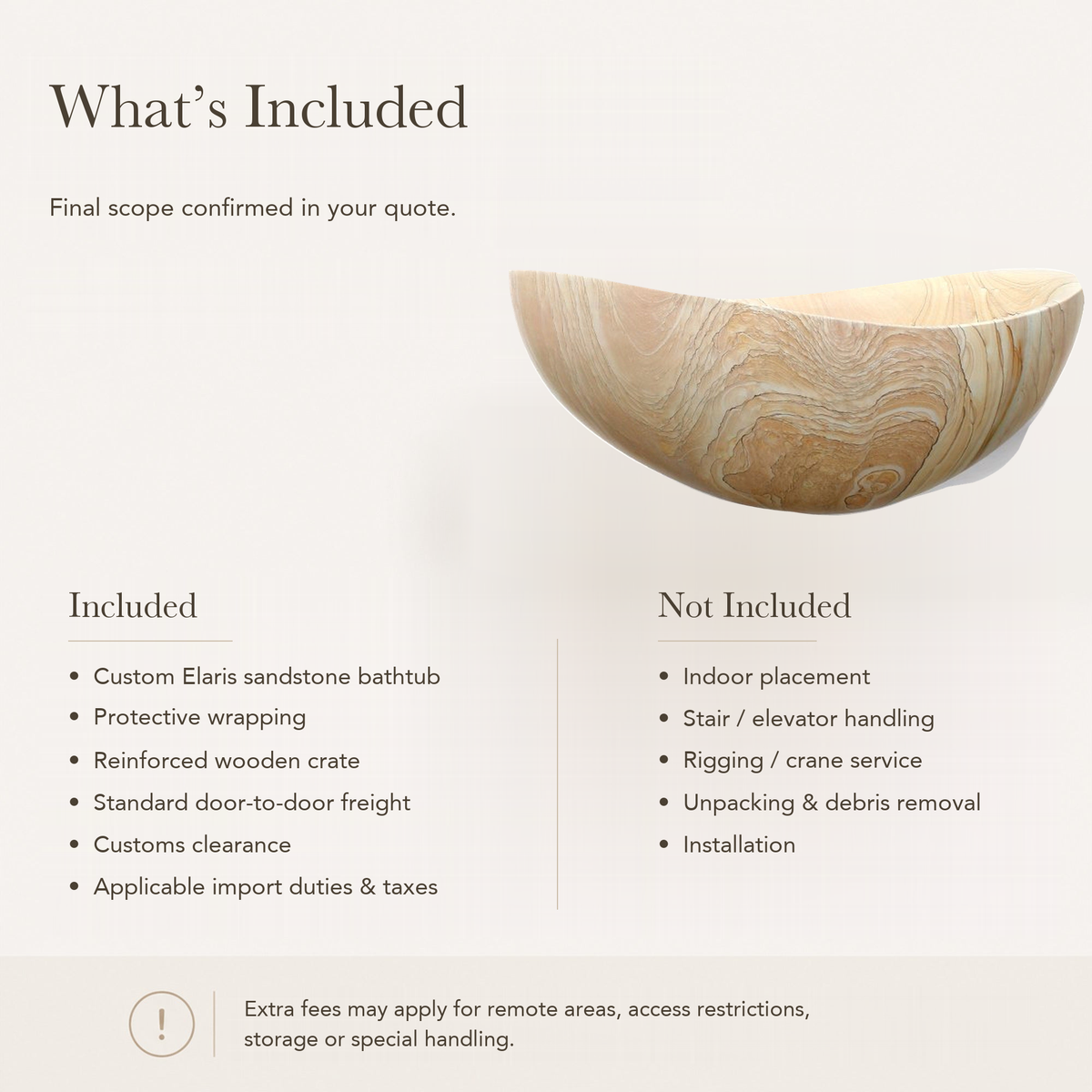 Elaris Sculptural Boat-Form Freestanding Soaking Bathtub – Natural Sandstone — What’s Included in the Reference Price.