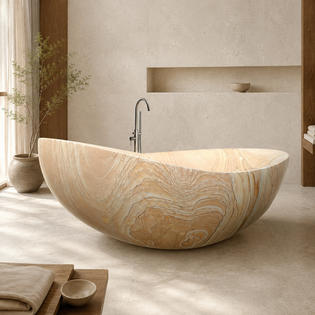Elaris Sculptural Boat-Form Freestanding Soaking Bathtub – Natural Sandstone in a warm ivory-limestone luxury bathroom; exact product geometry and material preserved