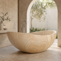 Elaris Sculptural Boat-Form Freestanding Soaking Bathtub – Natural Sandstone in a bright serene courtyard spa bathroom; exact product geometry and material preserved