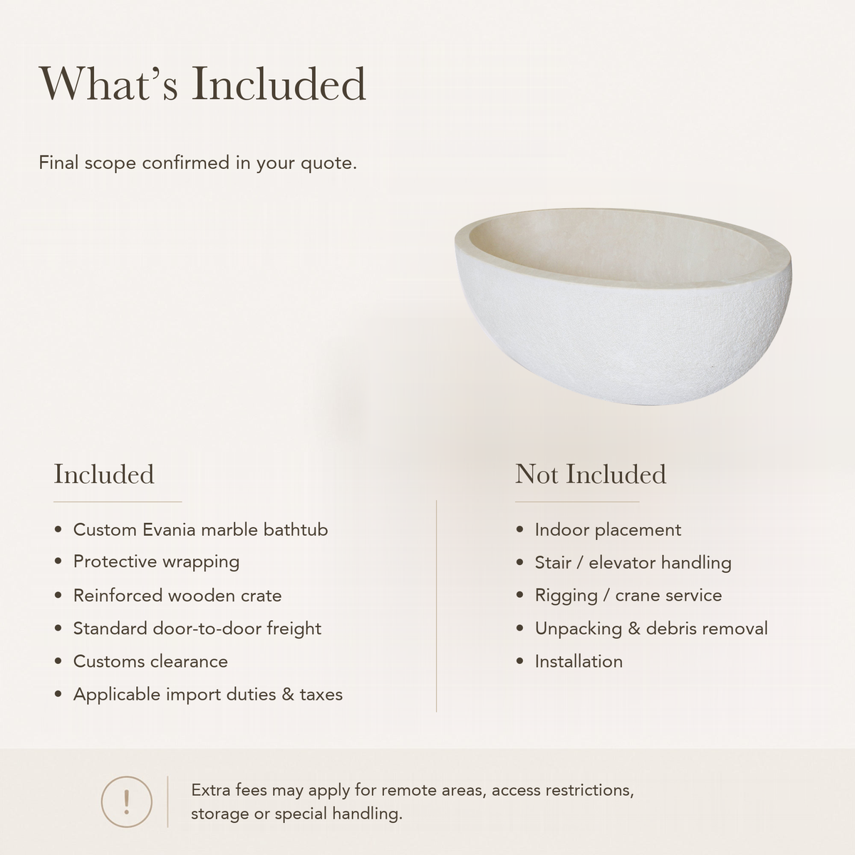 Evania Hand-Chiseled Oval Freestanding Soaking Bathtub – Crema Marfil Extra Marble — What’s Included in the Reference Price.