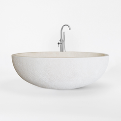 Evania Crema Marfil Extra Marble bathtub with hand-chiseled exterior, studio front-view visualization