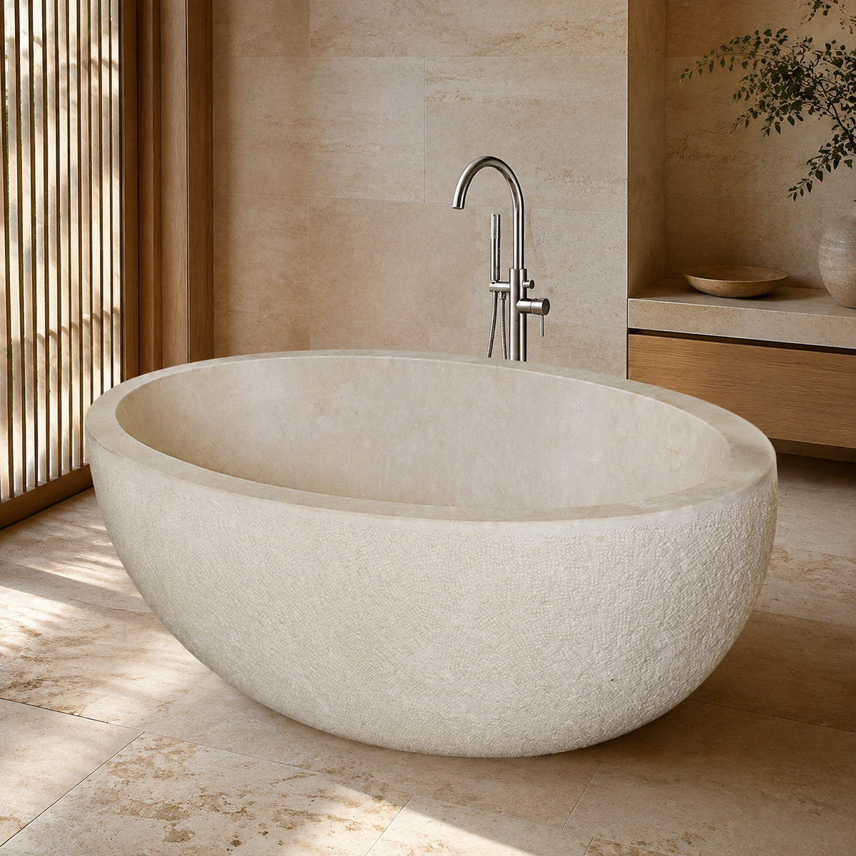 Evania Hand-Chiseled Oval Freestanding Soaking Bathtub – Crema Marfil Extra Marble in a warm ivory-limestone luxury bathroom; exact product geometry and material preserved