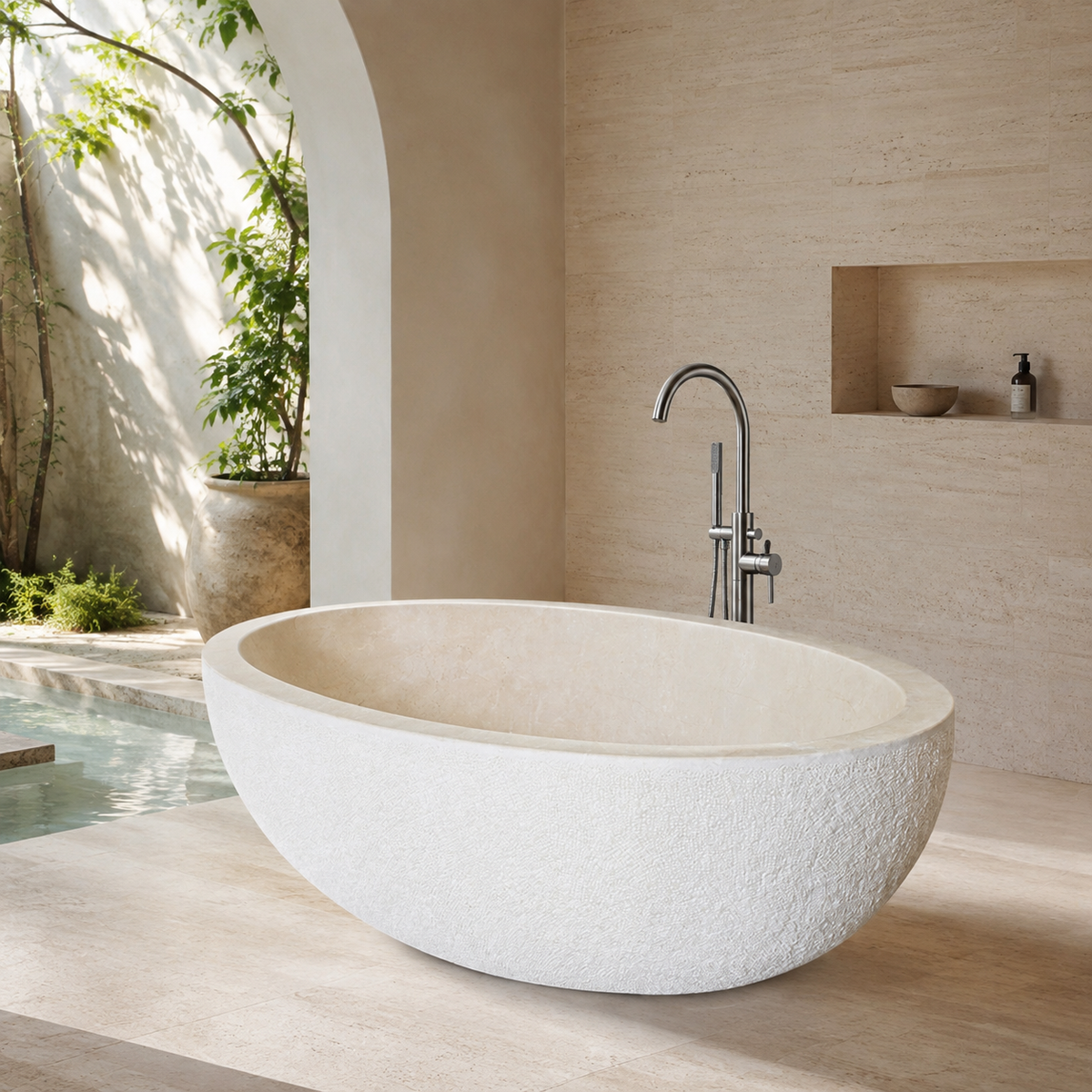 Evania Hand-Chiseled Oval Freestanding Soaking Bathtub – Crema Marfil Extra Marble in a bright serene courtyard spa bathroom; exact product geometry and material preserved