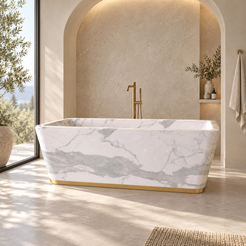 Fiorenne BT-132A Italian Firenze marble bathtub with a rounded rectangular basin and slim gold base in an arched ivory bathroom.