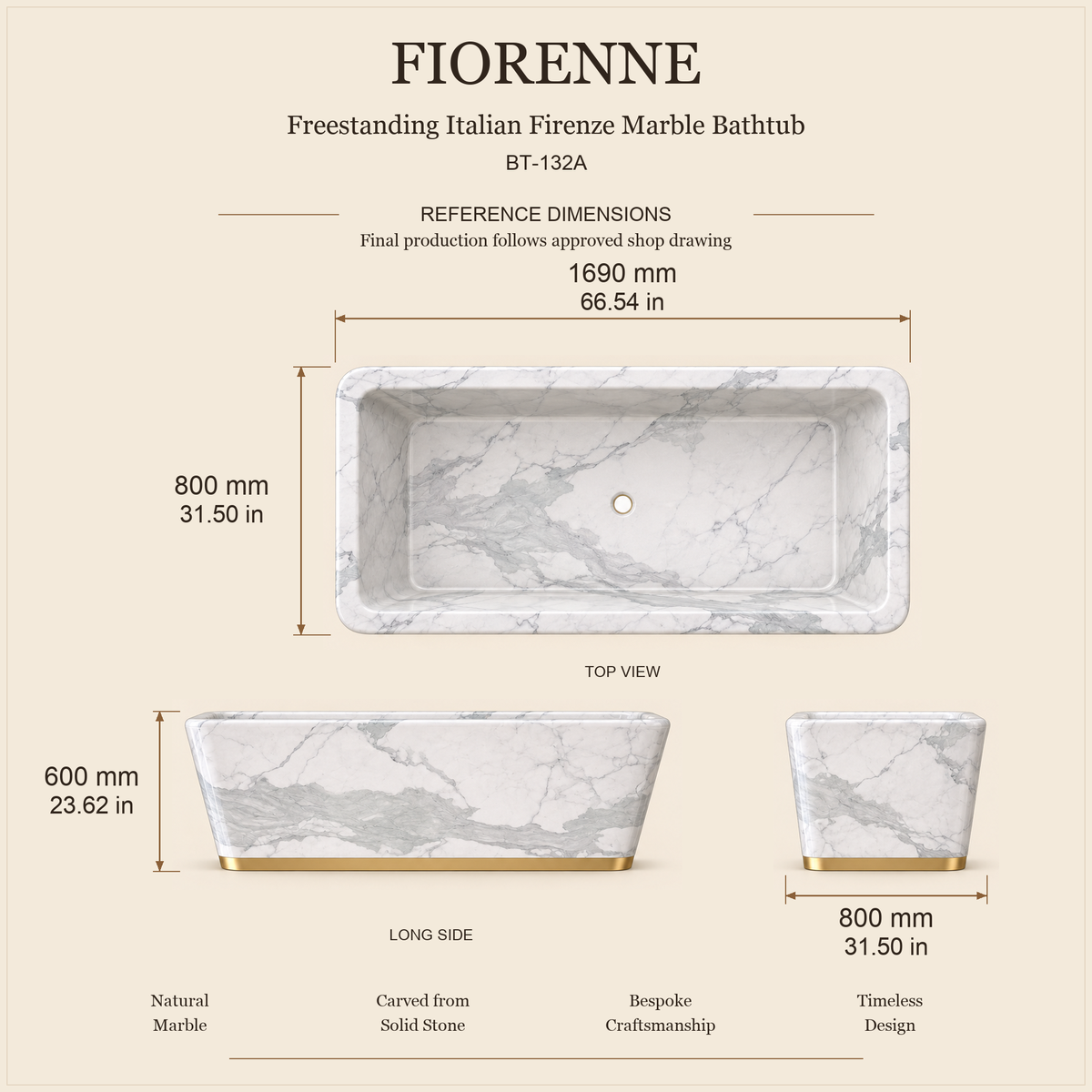 Fiorenne BT-132A Italian Firenze Marble bathtub dimensions: 1690 x 800 x 600 mm (66.54 x 31.50 x 23.62 in), top, long side and end views.