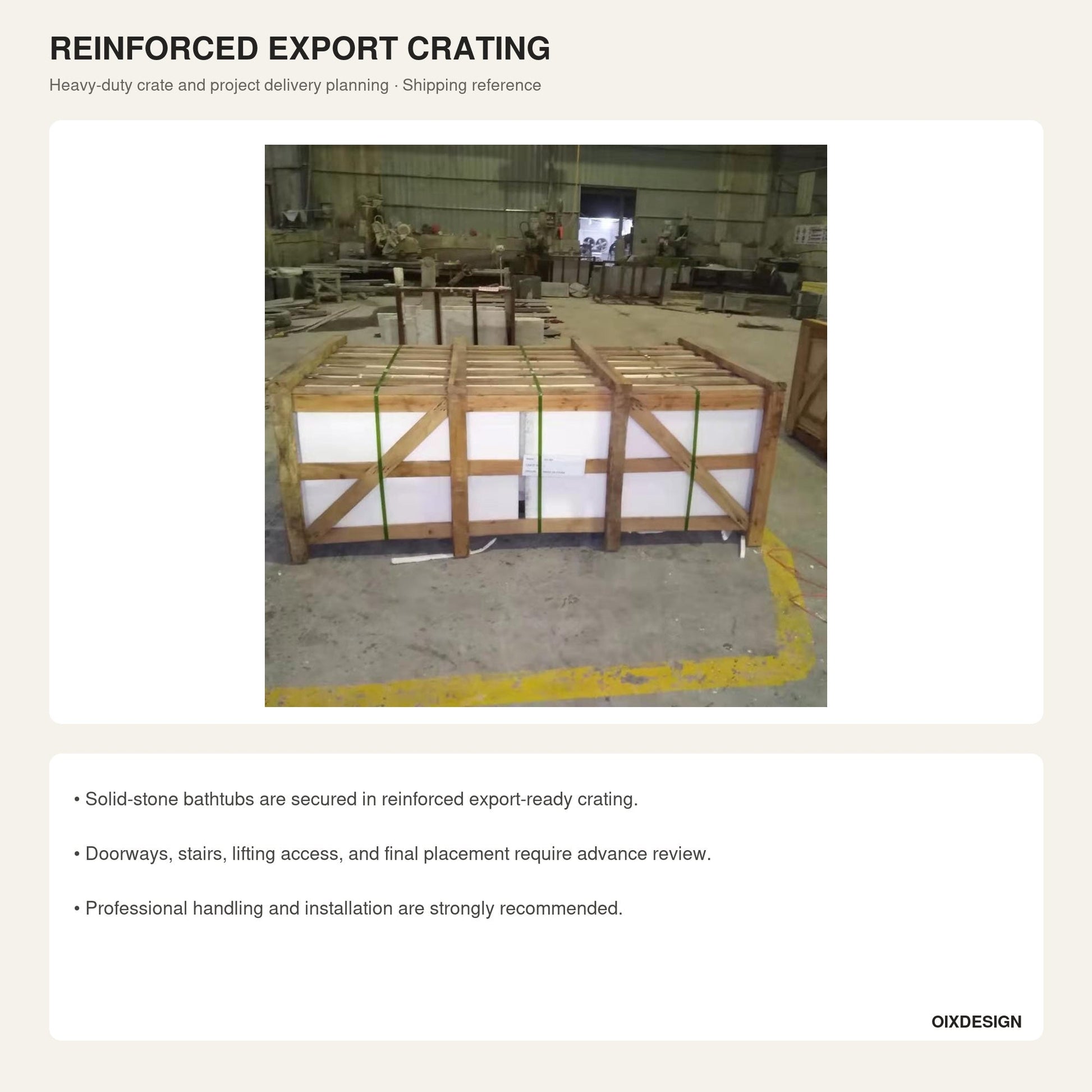 Granite bathtub reinforced export crating and project delivery support reference